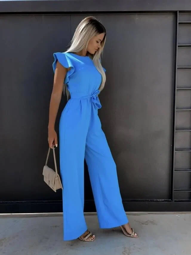 Ladies Jumpsuit - Sleeveless with Ruffles - Waist Belt - Wide Legs - Elegant Model - Image 10