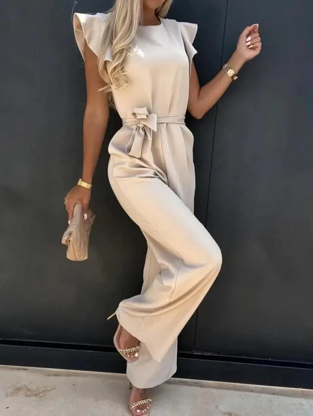 Ladies Jumpsuit - Sleeveless with Ruffles - Waist Belt - Wide Legs - Elegant Model - Image 3