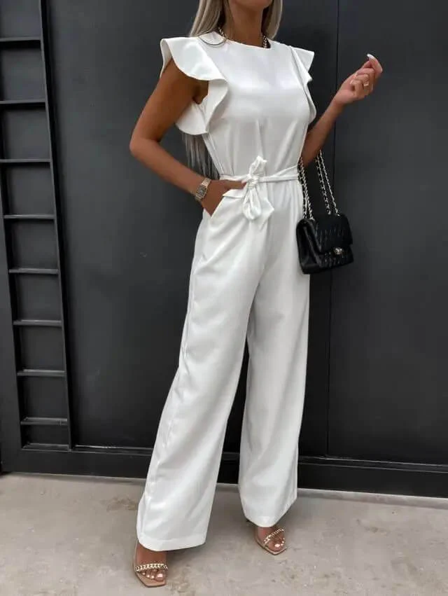 Ladies Jumpsuit - Sleeveless with Ruffles - Waist Belt - Wide Legs - Elegant Model - Image 4