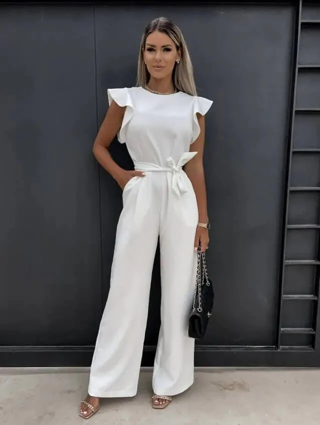 Ladies Jumpsuit - Sleeveless with Ruffles - Waist Belt - Wide Legs - Elegant Model - Image 5
