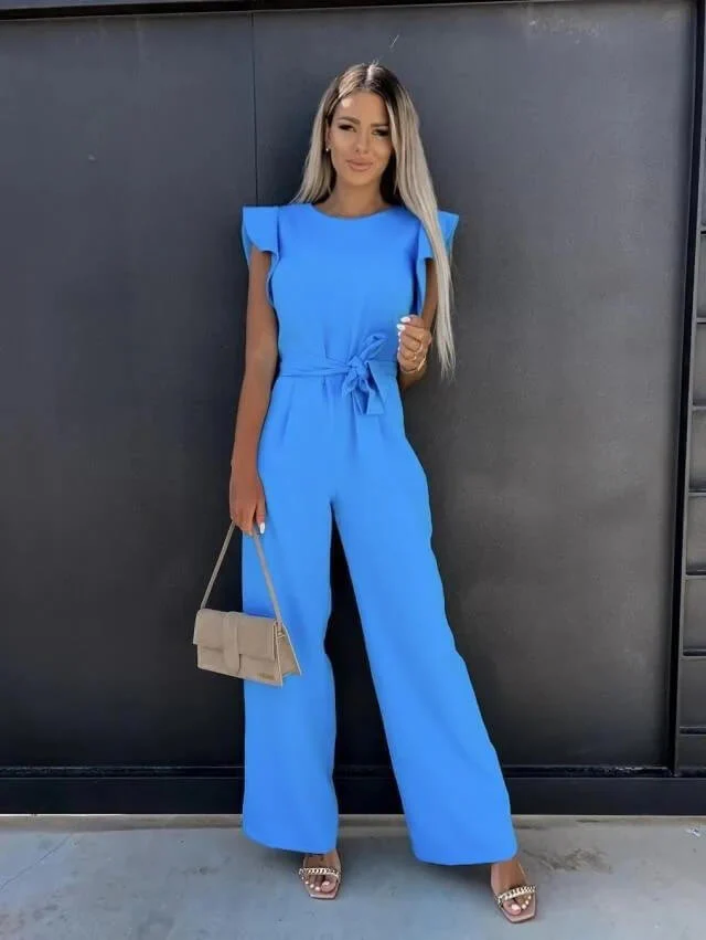 Ladies Jumpsuit - Sleeveless with Ruffles - Waist Belt - Wide Legs - Elegant Model - Image 8