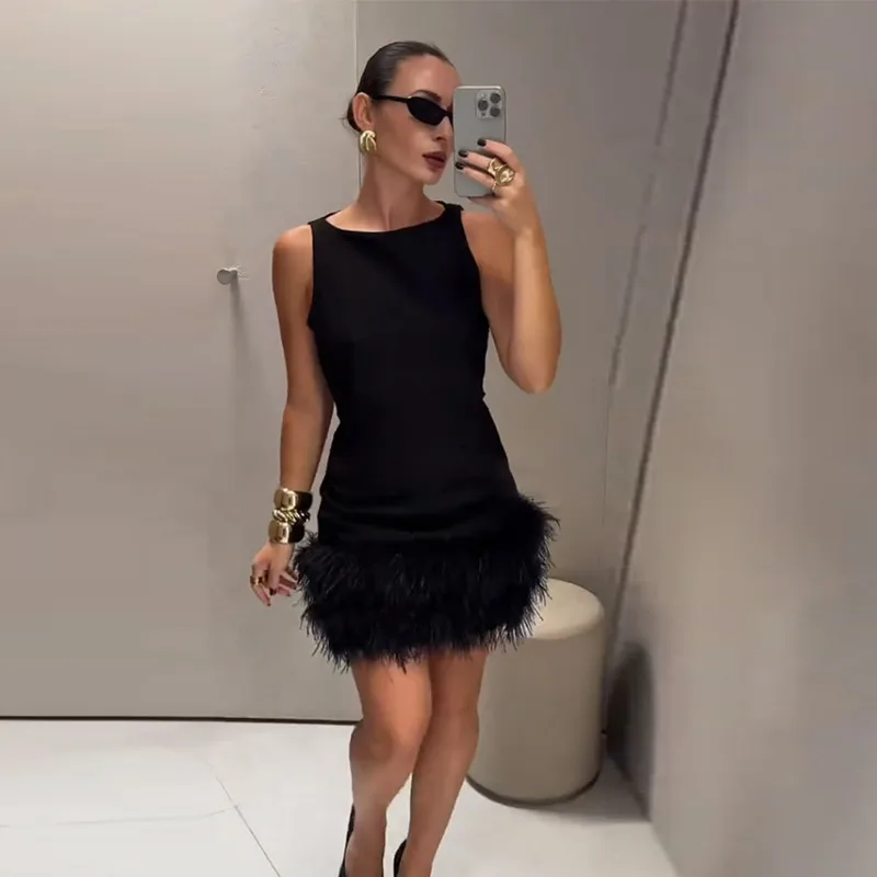 Feather | Mini dress with feather trim - Image 6