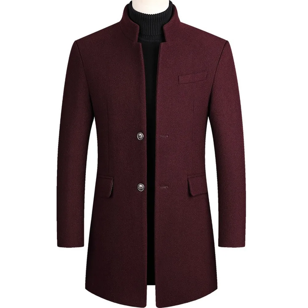 Men's Overcoat – Wool Blend – Tailored Fit – Standing Collar – Front Buttons - Image 3