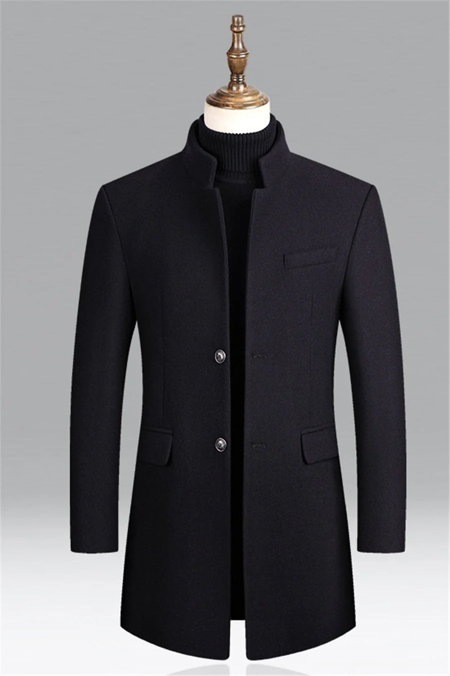 Men's Overcoat – Wool Blend – Tailored Fit – Standing Collar – Front Buttons - Image 4