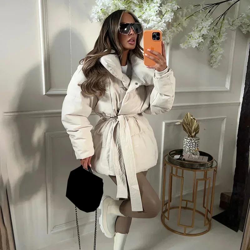 Women's Puffer Jacket - Quilted - Oversized Fit - With Waist Belt - High Collar - Image 5