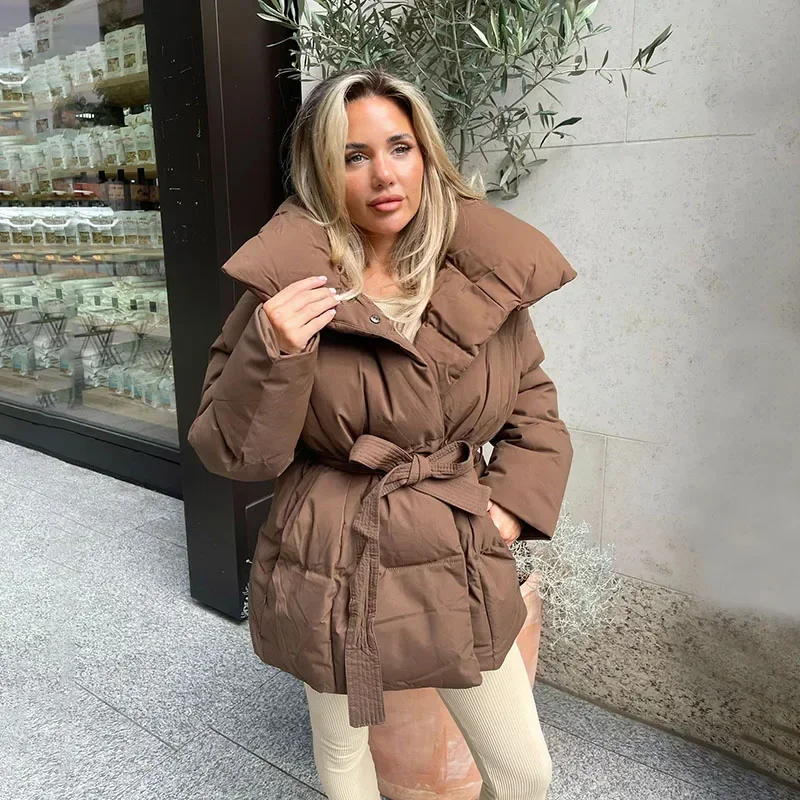 Women's Puffer Jacket - Quilted - Oversized Fit - With Waist Belt - High Collar - Image 6