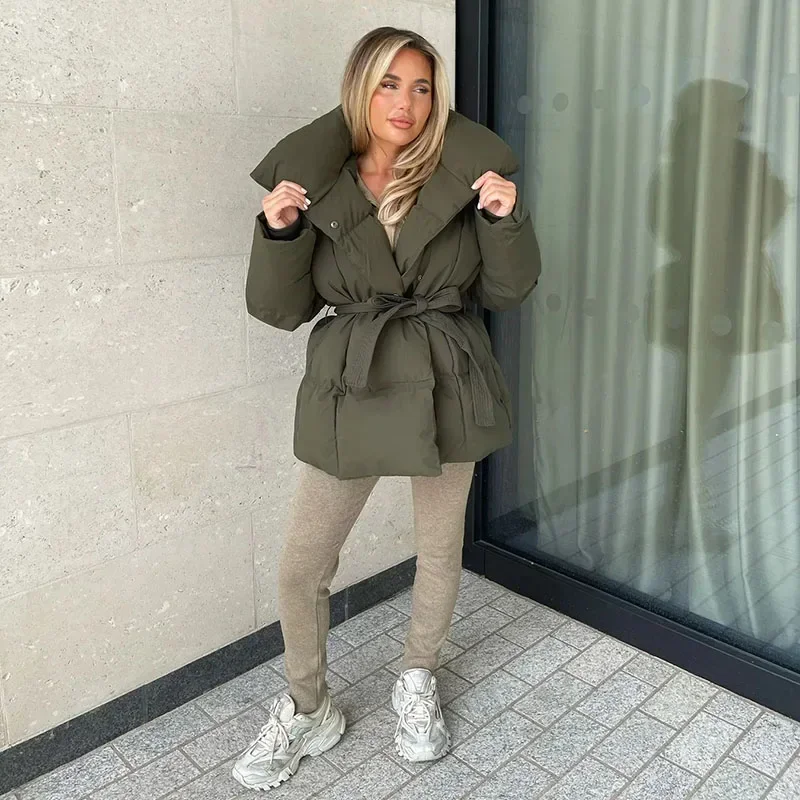 Women's Puffer Jacket - Quilted - Oversized Fit - With Waist Belt - High Collar - Image 7