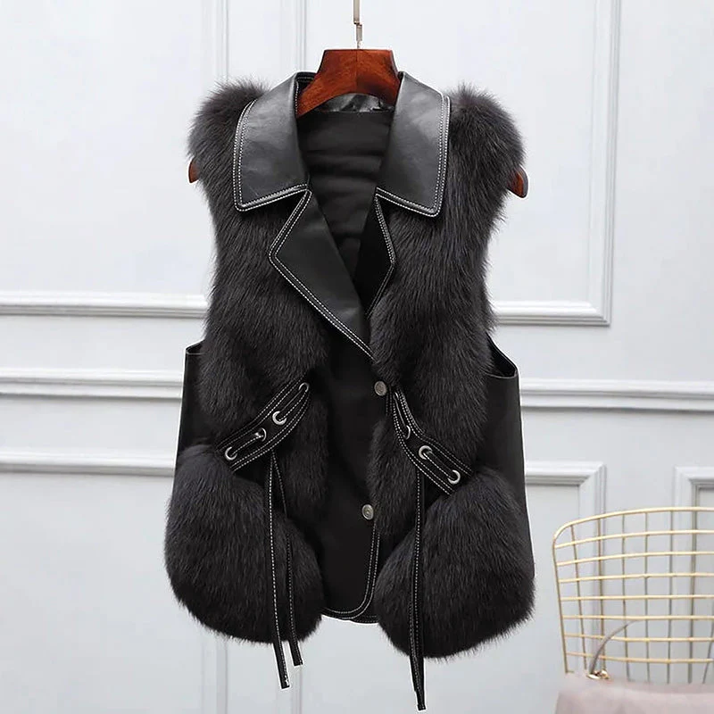 Francesca Regular Fit Vest | Collared Lapel Fur Trim Vest - Image 6