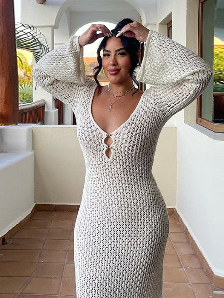 Knitted maxi dress - elegant long women's dress with v-neck - Image 7