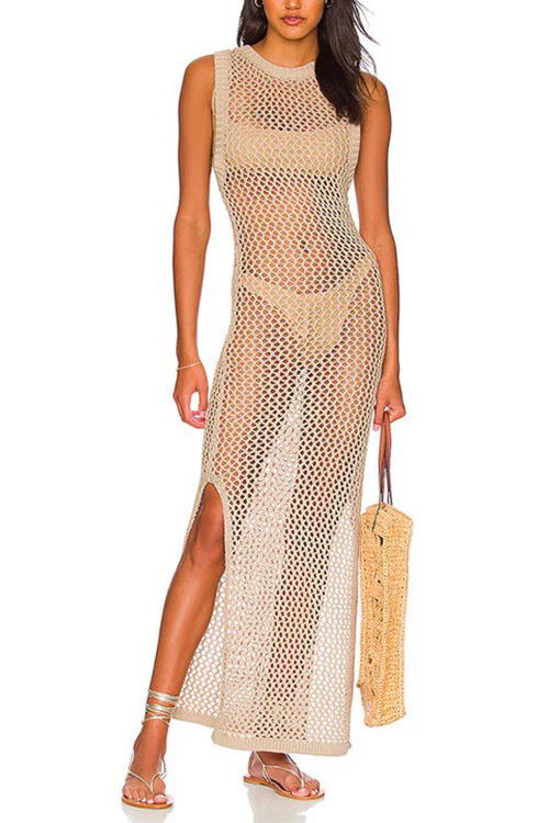 Ladies Midi Dress - Crocheted Openwork - Sleeveless - Straight Fit - Side Split Beachwear - Image 2