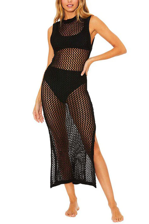 Ladies Midi Dress - Crocheted Openwork - Sleeveless - Straight Fit - Side Split Beachwear - Image 3