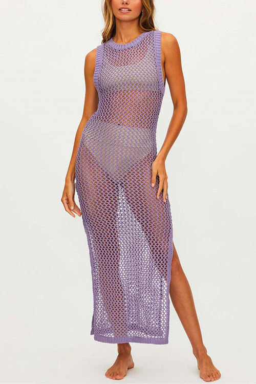 Ladies Midi Dress - Crocheted Openwork - Sleeveless - Straight Fit - Side Split Beachwear - Image 4