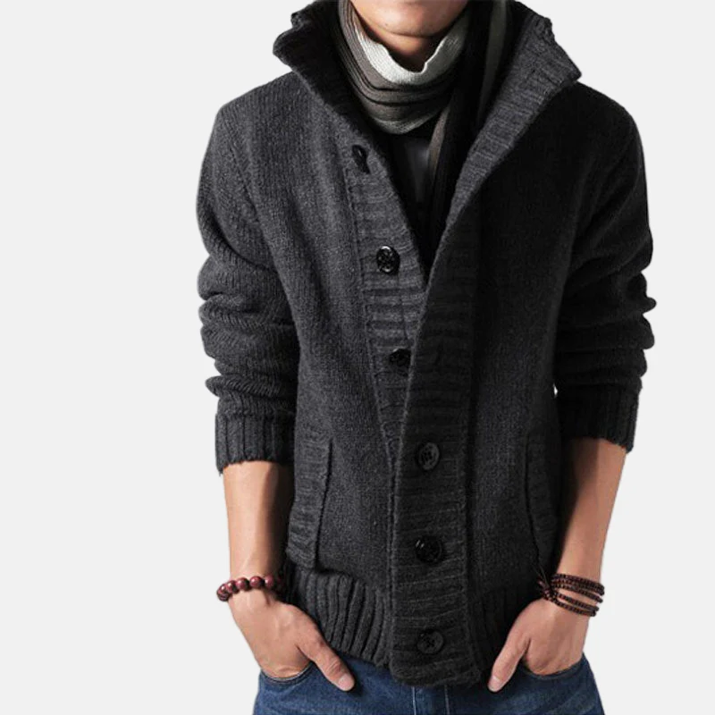 Men’s Cozy Cardigan – Chunky Knit – Stand Collar – Button Front – Relaxed Fit - Image 2