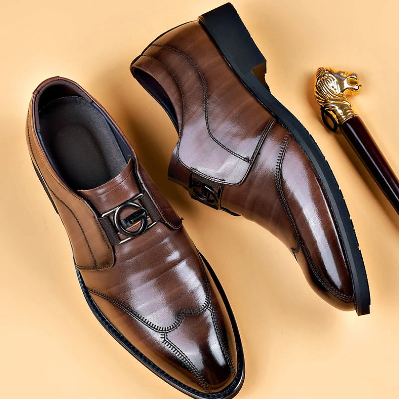 Men's Loafers - Genuine Leather - Glossy Finish - Metal Buckle - Slip-On Comfort - Image 3