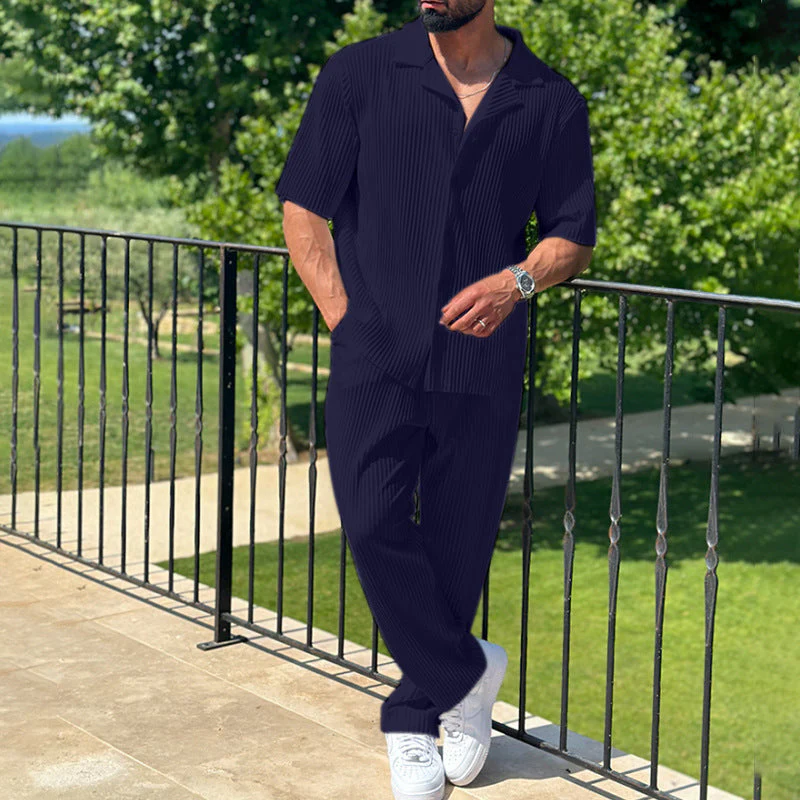 Men's Athleisure Set – Relaxed Fit – Short Sleeves – Vertical Stripes – Breathable Material - Image 2