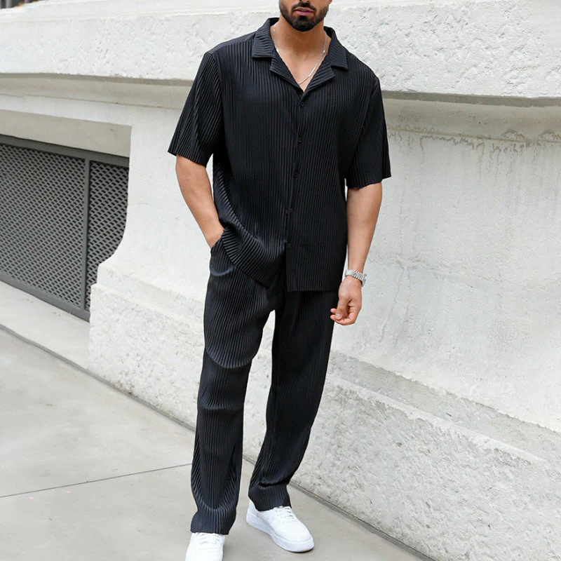 Men's Athleisure Set – Relaxed Fit – Short Sleeves – Vertical Stripes – Breathable Material - Image 3