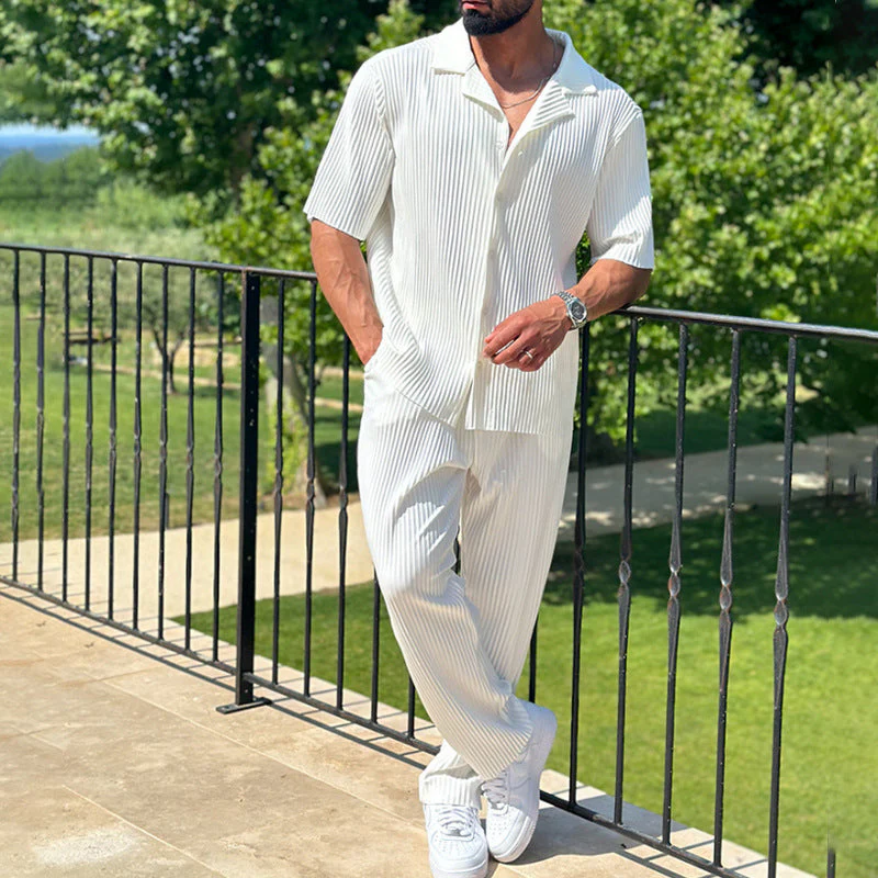 Men's Athleisure Set – Relaxed Fit – Short Sleeves – Vertical Stripes – Breathable Material - Image 4