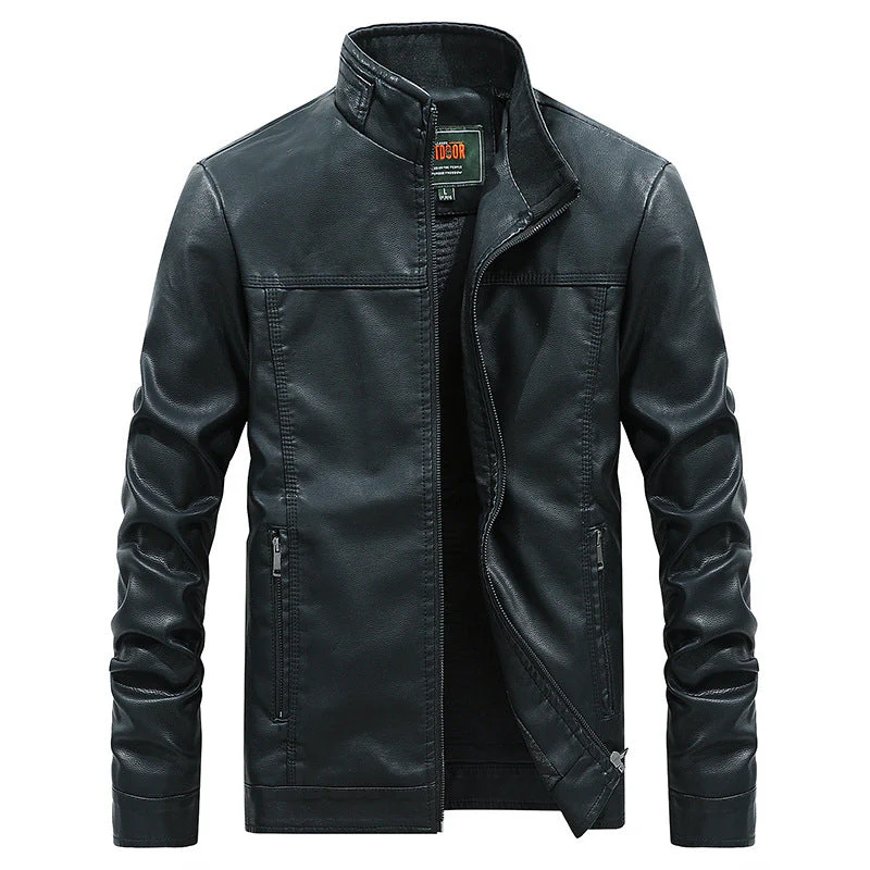 Men's biker jacket – Tailored fit – Faux leather – Stand-up collar – Zip pockets - Image 2