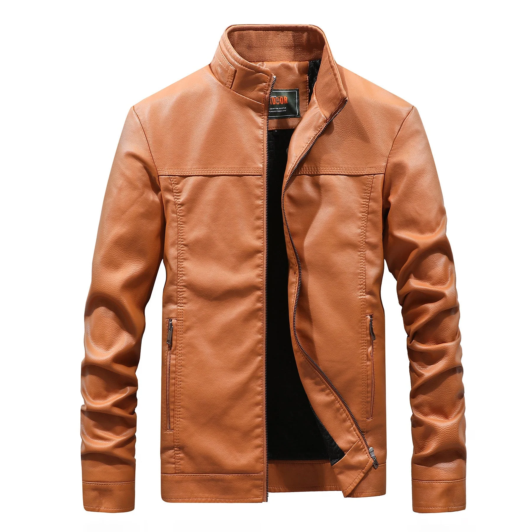 Men's biker jacket – Tailored fit – Faux leather – Stand-up collar – Zip pockets - Image 3