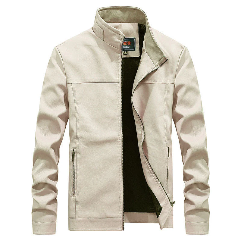 Men's biker jacket – Tailored fit – Faux leather – Stand-up collar – Zip pockets - Image 4