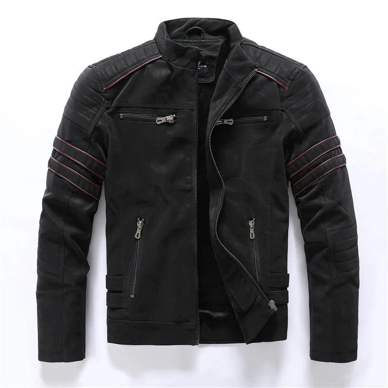 Men's Biker Jacket – Slim Fit – Padded Shoulders – Zipper Closure – Stand-up Collar - Image 3