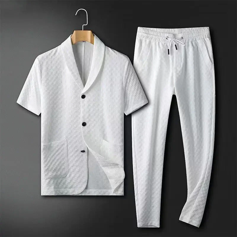 Men's Blazer and Trousers Set – Relaxed Fit – Textured Fabric – Elastic Waistband - Image 2