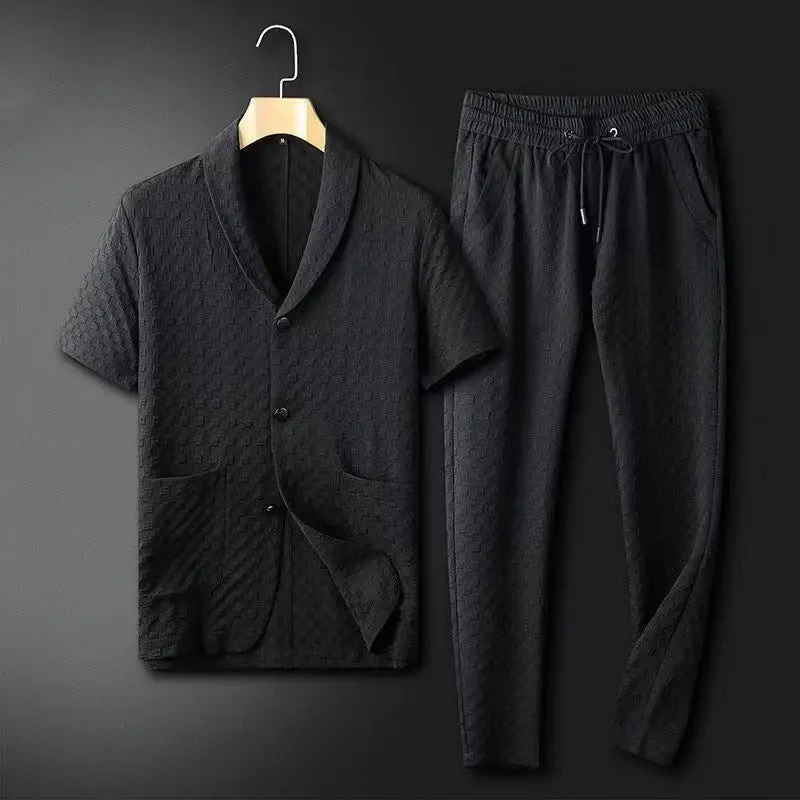 Men's Blazer and Trousers Set – Relaxed Fit – Textured Fabric – Elastic Waistband - Image 3