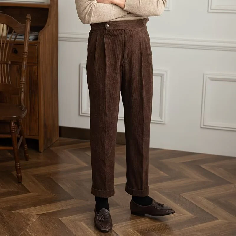 Men's Trousers – High Waist – Straight Fit – Pleated – Turned Up Hems – Full Length - Image 3