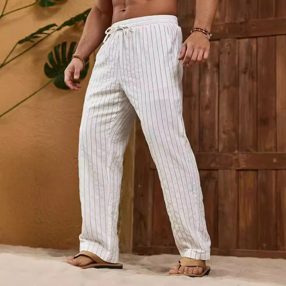 Men's Pants – Relaxed Fit – Breathable Natural Material – Striped – Drawstring Waist - Image 2