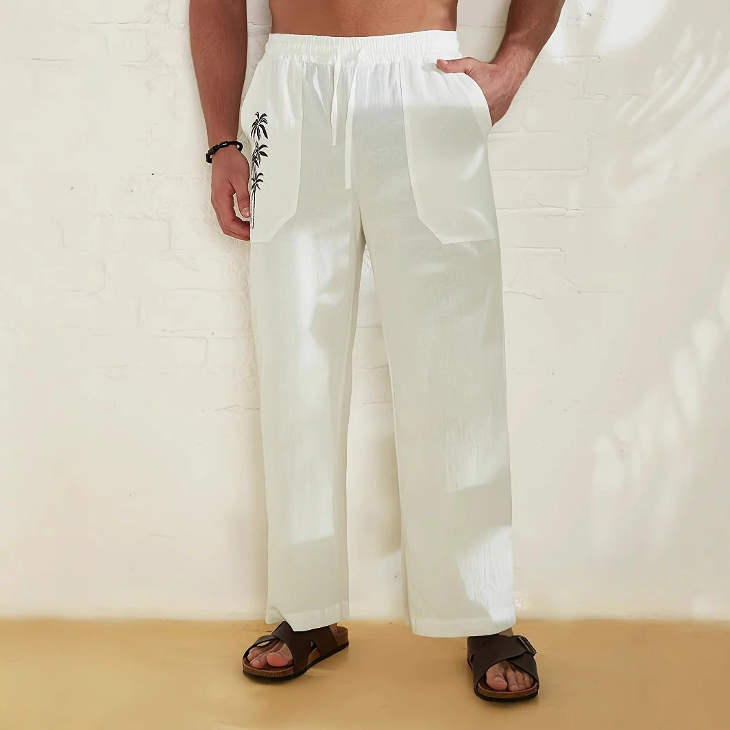 Men's Pants – Relaxed Fit – Wide Legs – Breathable Fabric – Drawstring Waist – Side Pockets – Palm Tree Print - Image 2