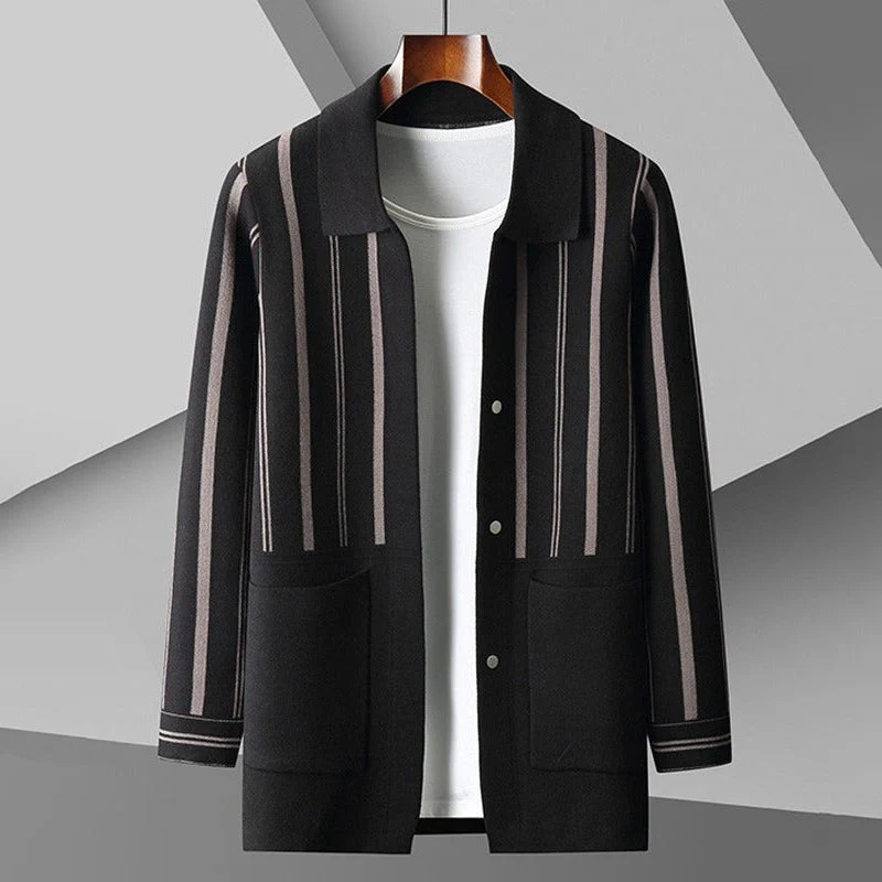 Men's cardigan – Relaxed fit – Wool mix – Buttons – Collar – Striped – With pockets - Image 2