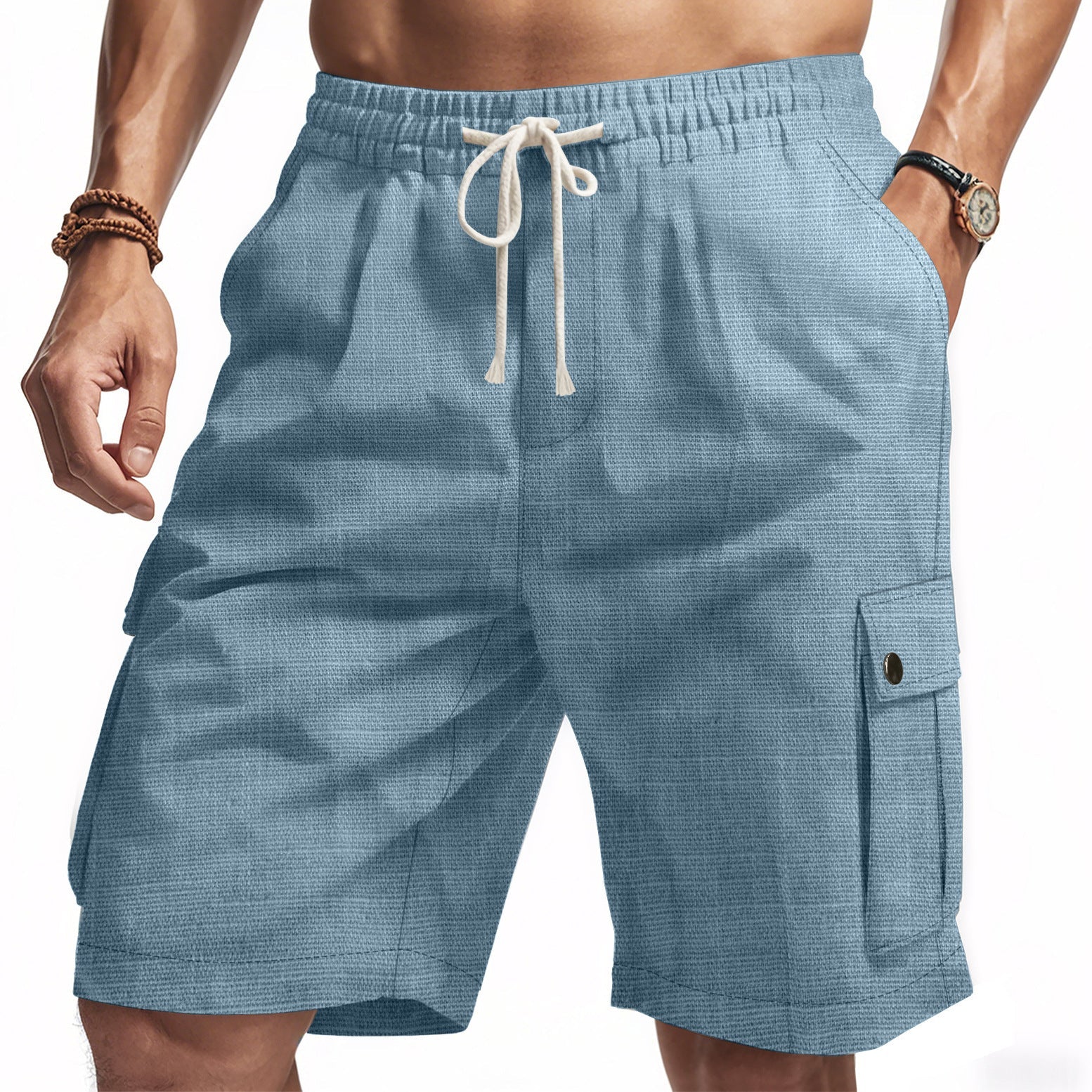 Men's Cargo Shorts – Relaxed Fit – Linen Look – Elastic Waist – Multiple Pockets - Image 3