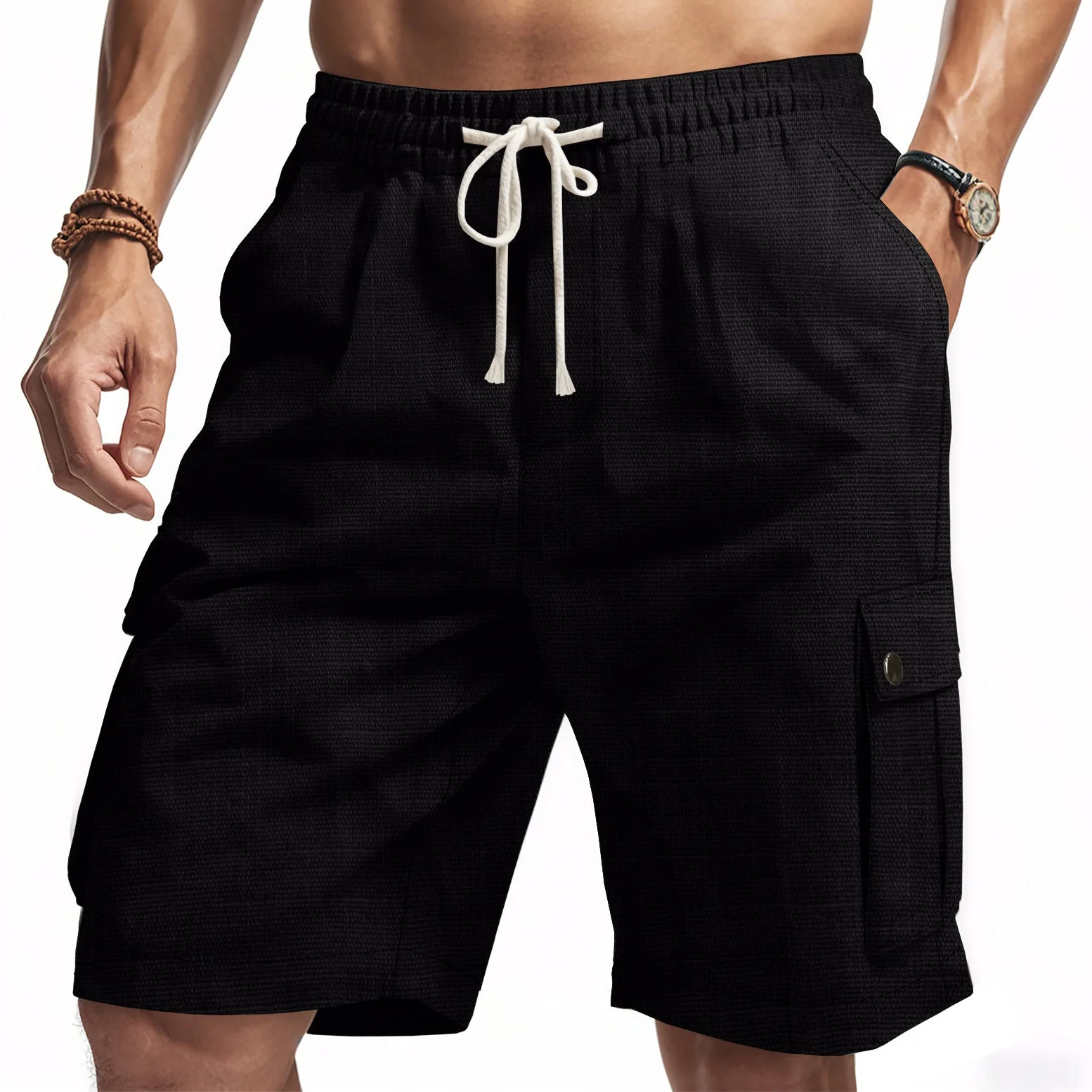 Men's Cargo Shorts – Relaxed Fit – Linen Look – Elastic Waist – Multiple Pockets - Image 4