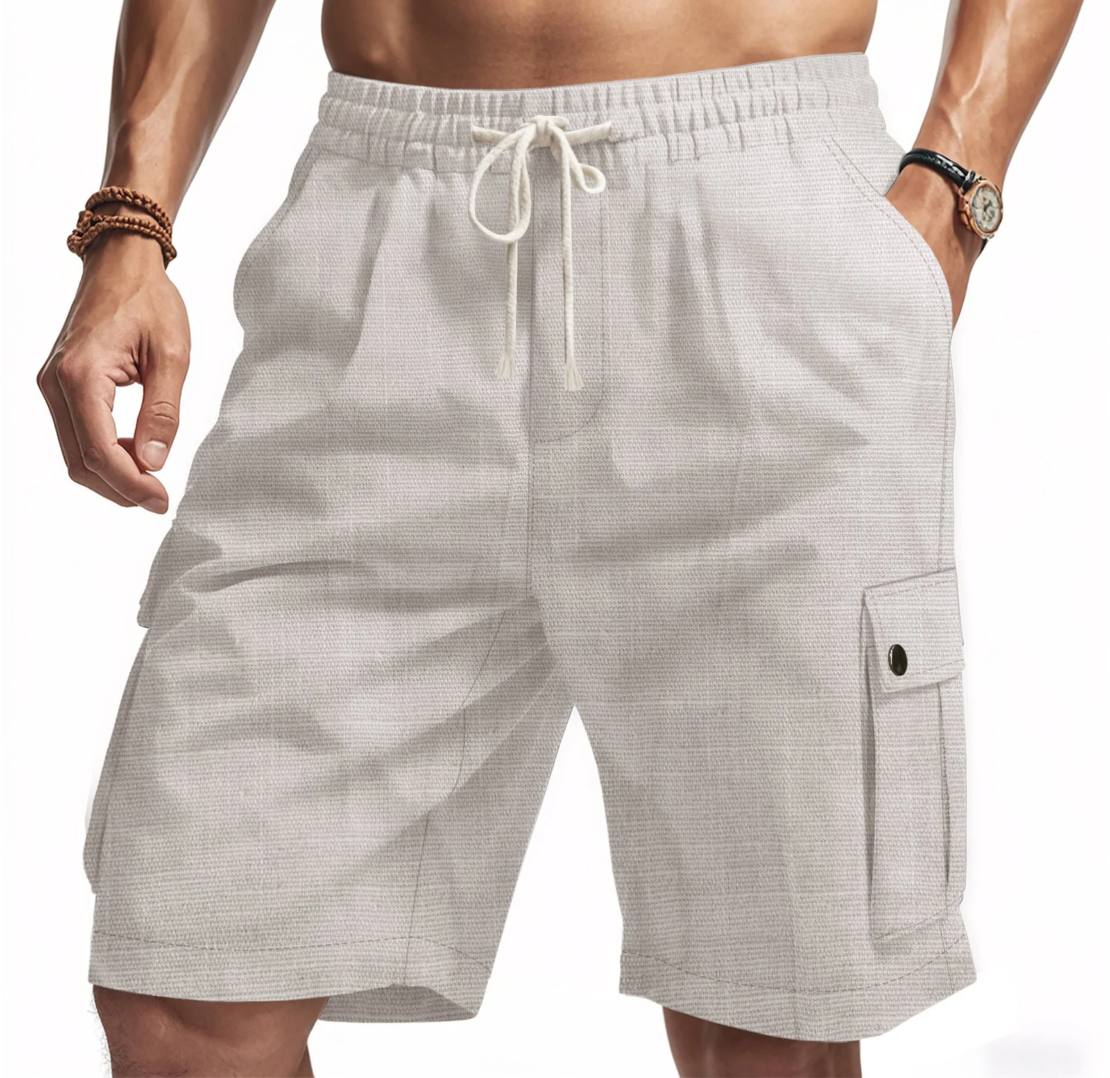 Men's Cargo Shorts – Relaxed Fit – Linen Look – Elastic Waist – Multiple Pockets - Image 5