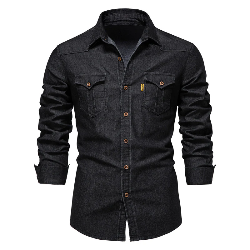 Men's casual denim shirt - double pocket - long sleeve - button closure - Image 3