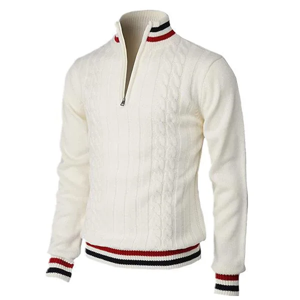 Men's turtleneck – Slim Fit – Wool – Zipper Closure – Ribbed Trims – Cable-knit