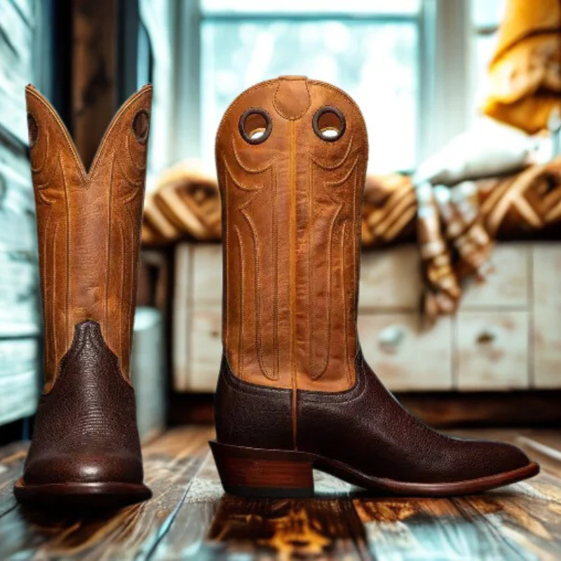 Men's Cowboy Boots – Leather – Square Toe – Mid-Height – Decorative Stitching - Image 3