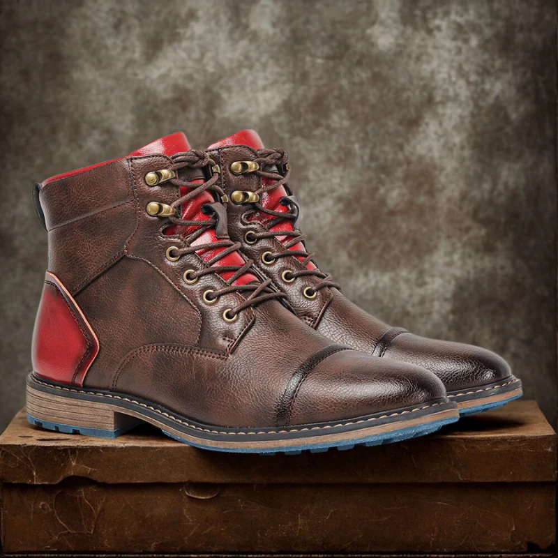 Men's Ankle-High Boots – Leather – Cap Toe – Lace Closure – Side Zip – Profile Sole - Image 2