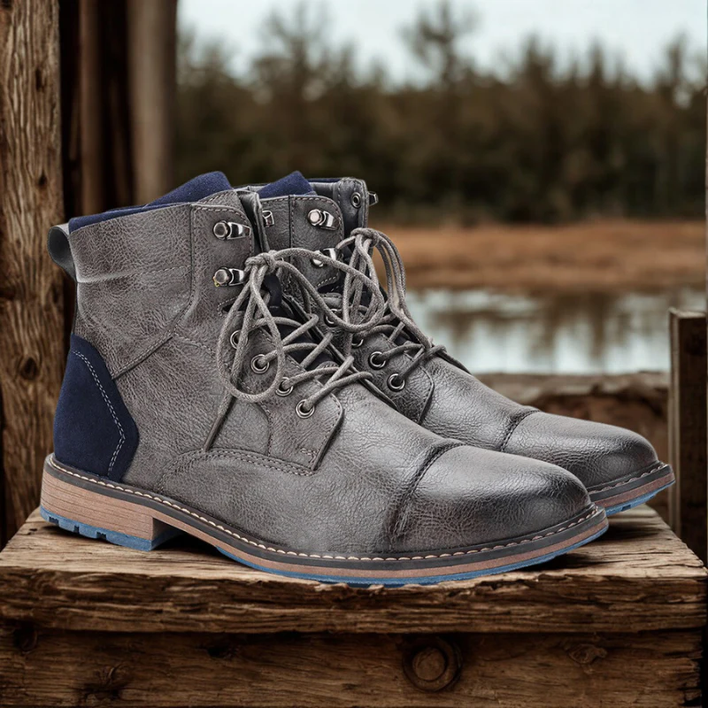 Men's Ankle-High Boots – Leather – Cap Toe – Lace Closure – Side Zip – Profile Sole - Image 3