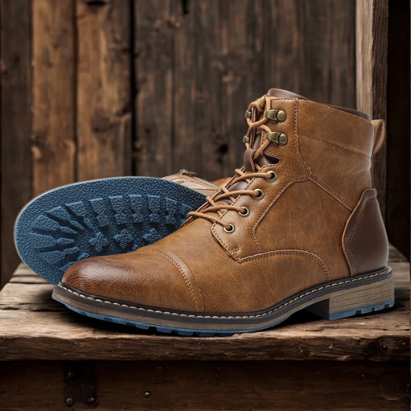 Men's Ankle-High Boots – Leather – Cap Toe – Lace Closure – Side Zip – Profile Sole - Image 4