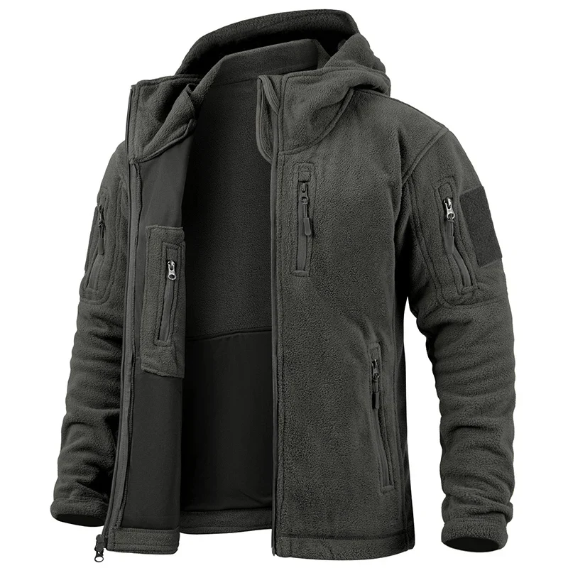 Men's Fleece Jacket – Tailored Fit – Hood – Zipper Closure – Tactical Pockets