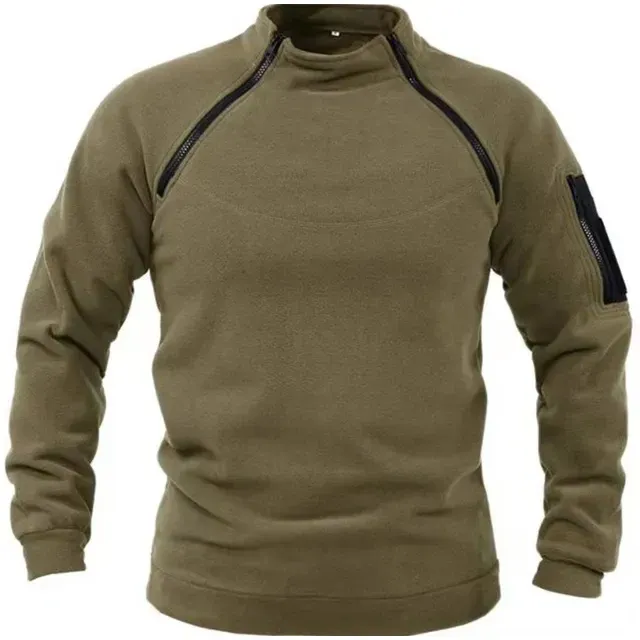 Men's Fleece Sweater – Relaxed Fit – High Collar – Chest Zipper – Sleeve Pocket Outdoor - Image 2
