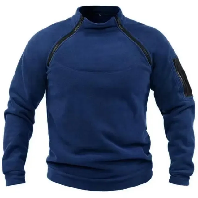 Men's Fleece Sweater – Relaxed Fit – High Collar – Chest Zipper – Sleeve Pocket Outdoor - Image 3