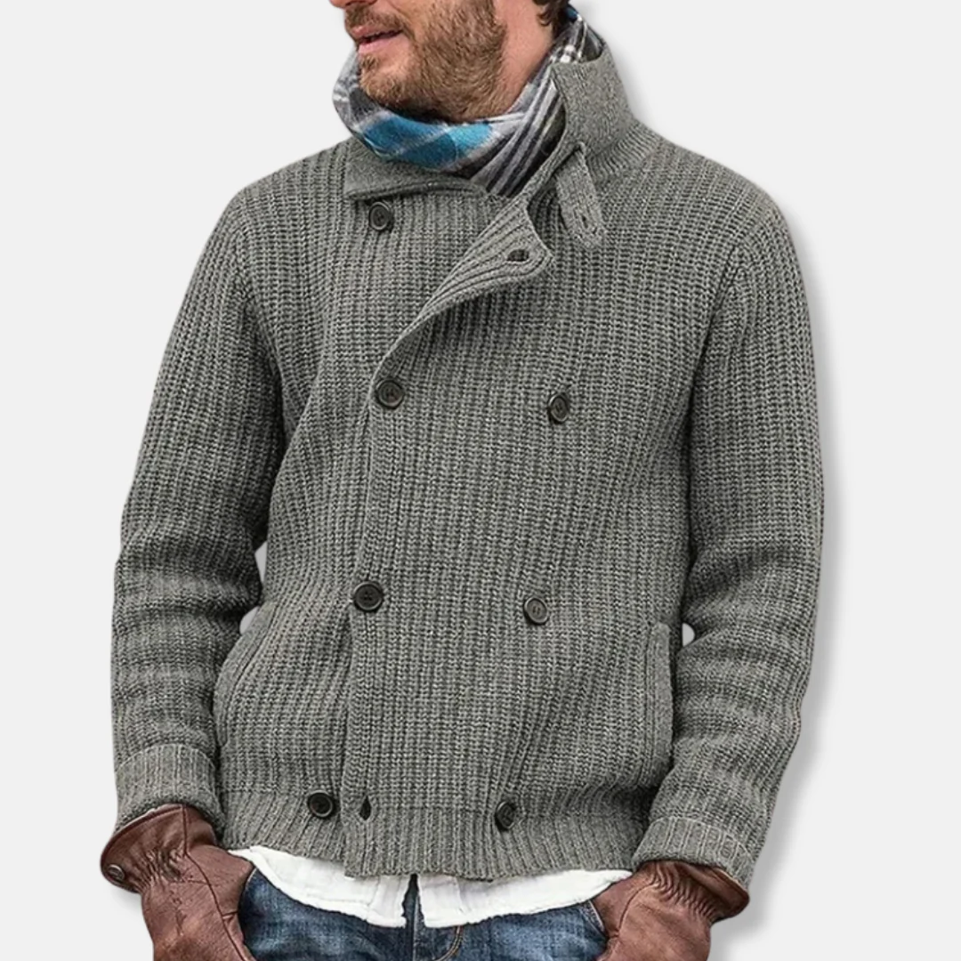Men's Knitted Jacket – Relaxed Fit – Ribbed Texture – High Collar – Double-Breasted Closure - Image 2