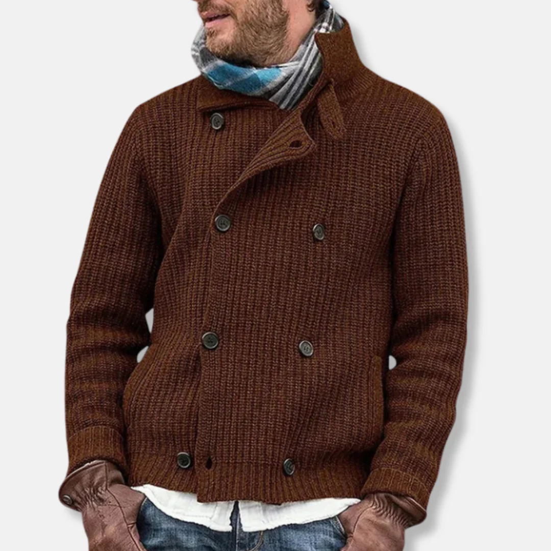 Men's Knitted Jacket – Relaxed Fit – Ribbed Texture – High Collar – Double-Breasted Closure - Image 3