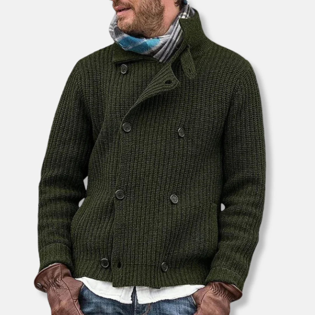Men's Knitted Jacket – Relaxed Fit – Ribbed Texture – High Collar – Double-Breasted Closure - Image 4