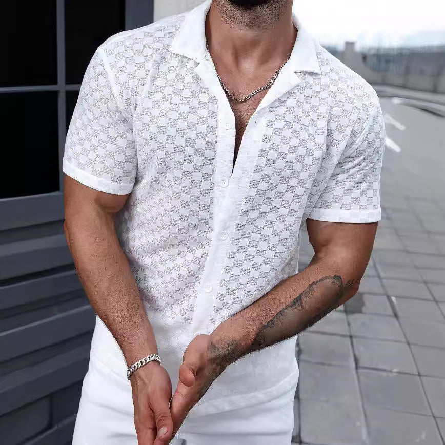 Men's knitted shirt – Relaxed fit – Short sleeve – Button closure – Lace detail - Image 2