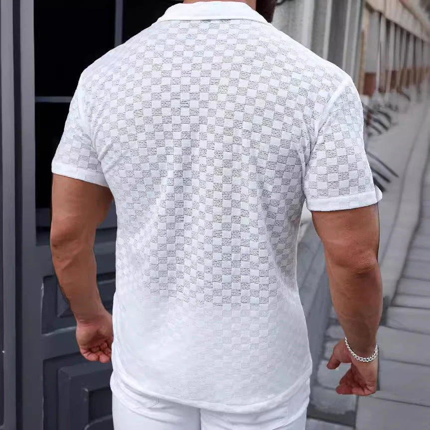 Men's knitted shirt – Relaxed fit – Short sleeve – Button closure – Lace detail - Image 3