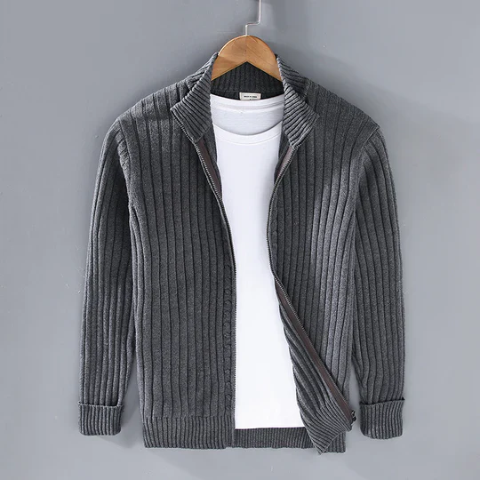 Men's Knitted Cardigan – Slim Fit – Cotton – Ribbed Texture – Zipper Closure - Image 2