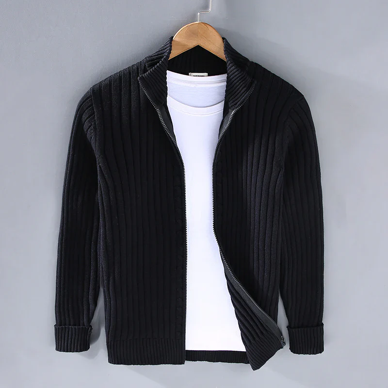 Men's Knitted Cardigan – Slim Fit – Cotton – Ribbed Texture – Zipper Closure - Image 3